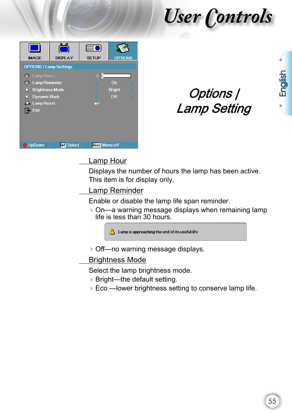 Options | lamp setting, Options |lamp setting, User controls | Optoma EH415 User Manual | Page 55 / 107