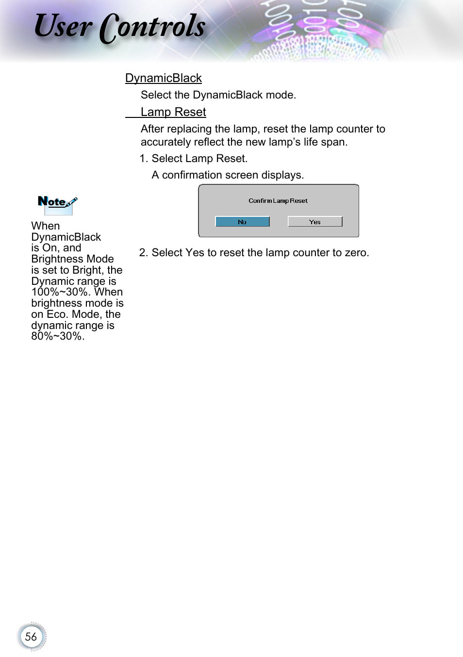 56 for, User controls | Optoma EH415 User Manual | Page 56 / 107