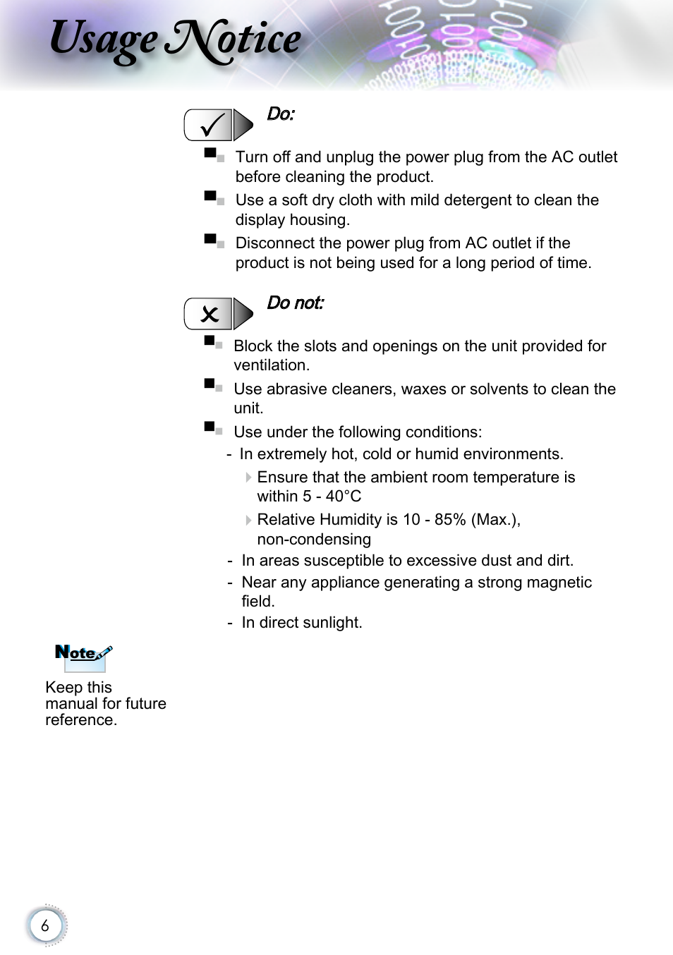 Usage notice | Optoma EH415 User Manual | Page 6 / 107