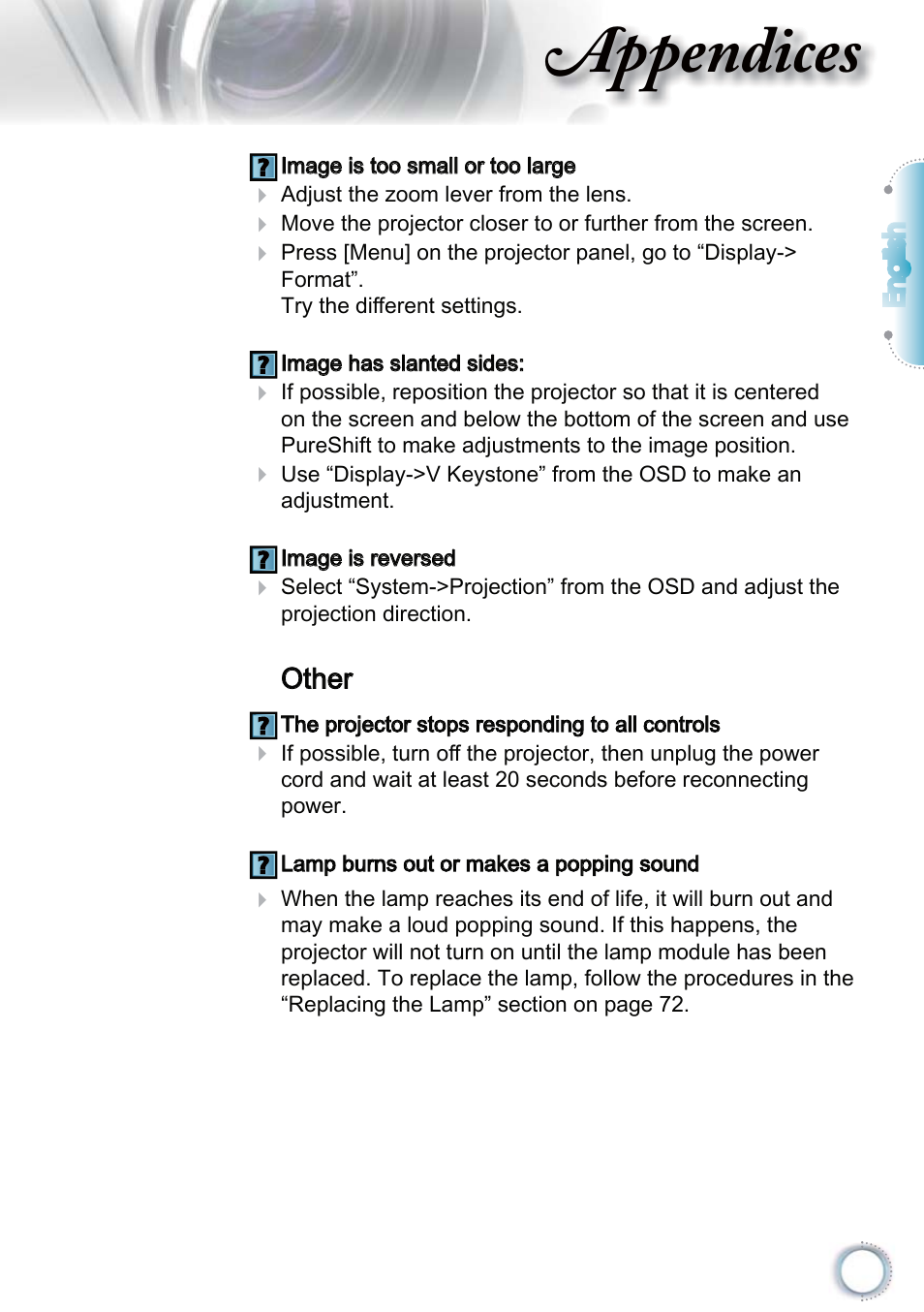 Other, Appendices, English | Optoma EH415 User Manual | Page 69 / 107