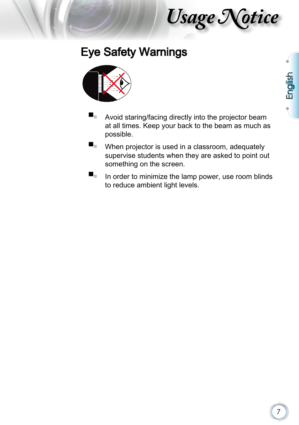 Eye safety warnings, Usage notice | Optoma EH415 User Manual | Page 7 / 107