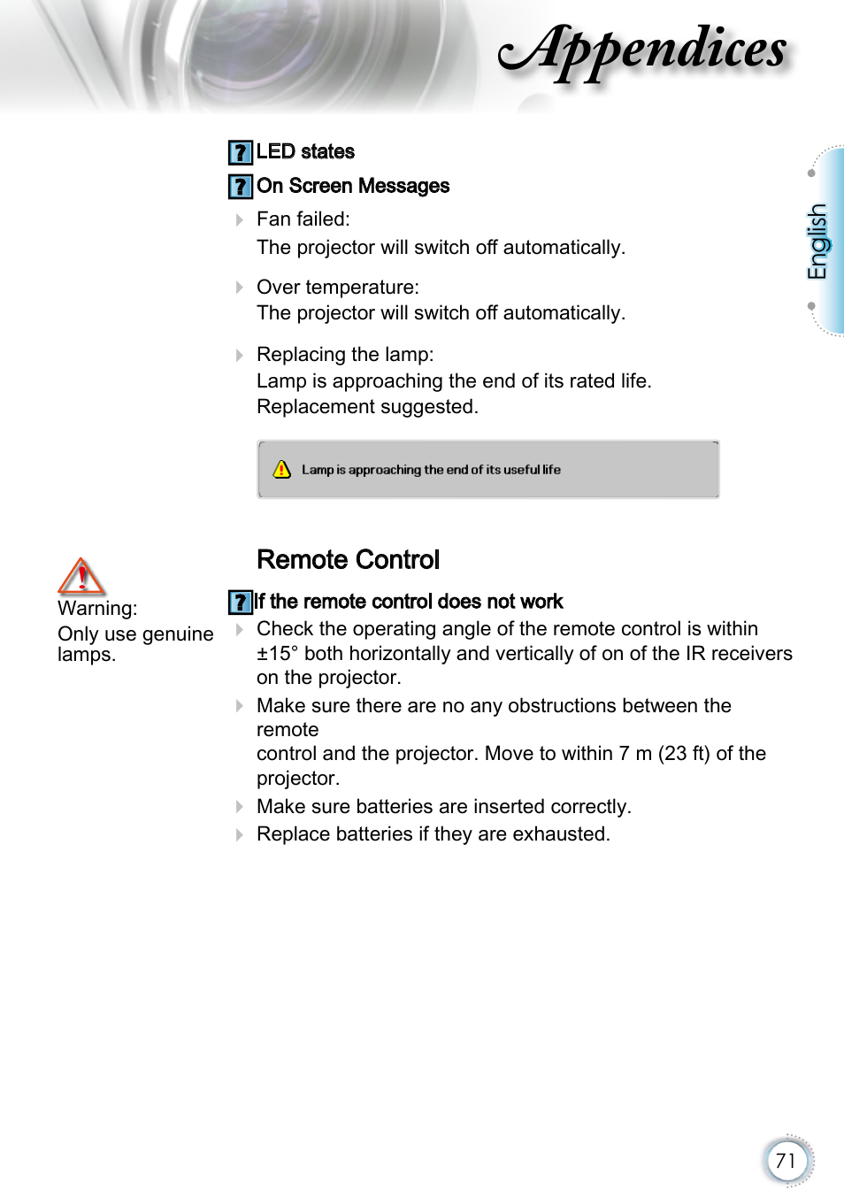 Remote control, Appendices | Optoma EH415 User Manual | Page 71 / 107