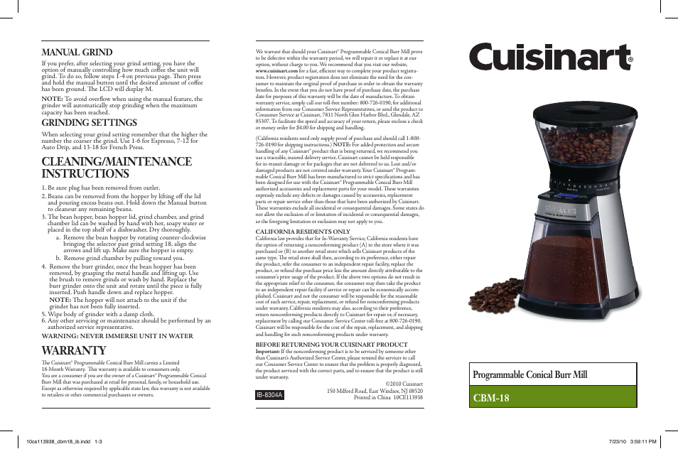 Cuisinart CBM-18 User Manual | 2 pages