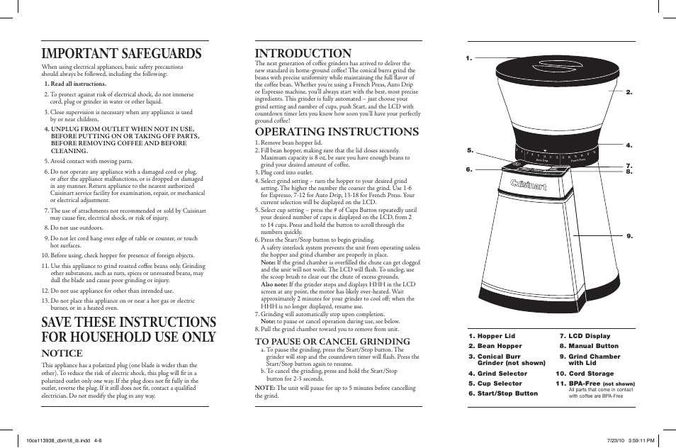 Important safeguards, Save these instructions for household use only, Introduction | Operating instructions, Notice | Cuisinart CBM-18 User Manual | Page 2 / 2