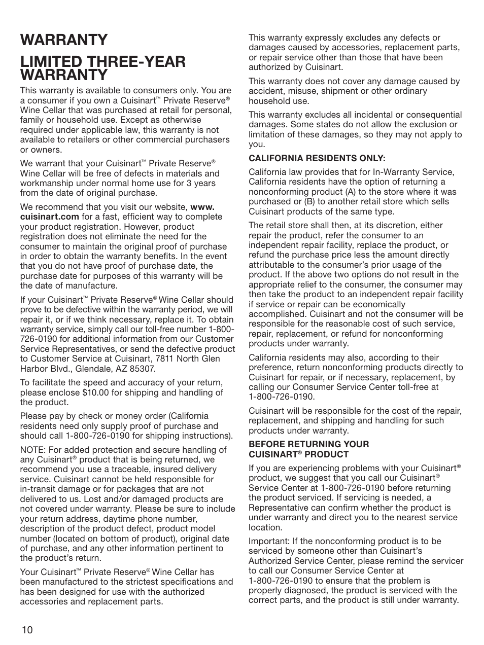 Warranty limited three-year warranty | Cuisinart PRIVATE RESERVE CWC-1600 User Manual | Page 10 / 13