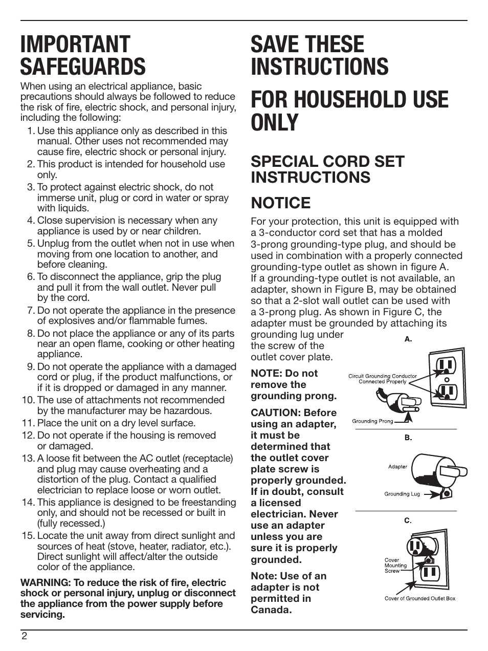 Important safeguards, Save these instructions for household use only, Special cord set instructions notice | Cuisinart PRIVATE RESERVE CWC-1600 User Manual | Page 2 / 13