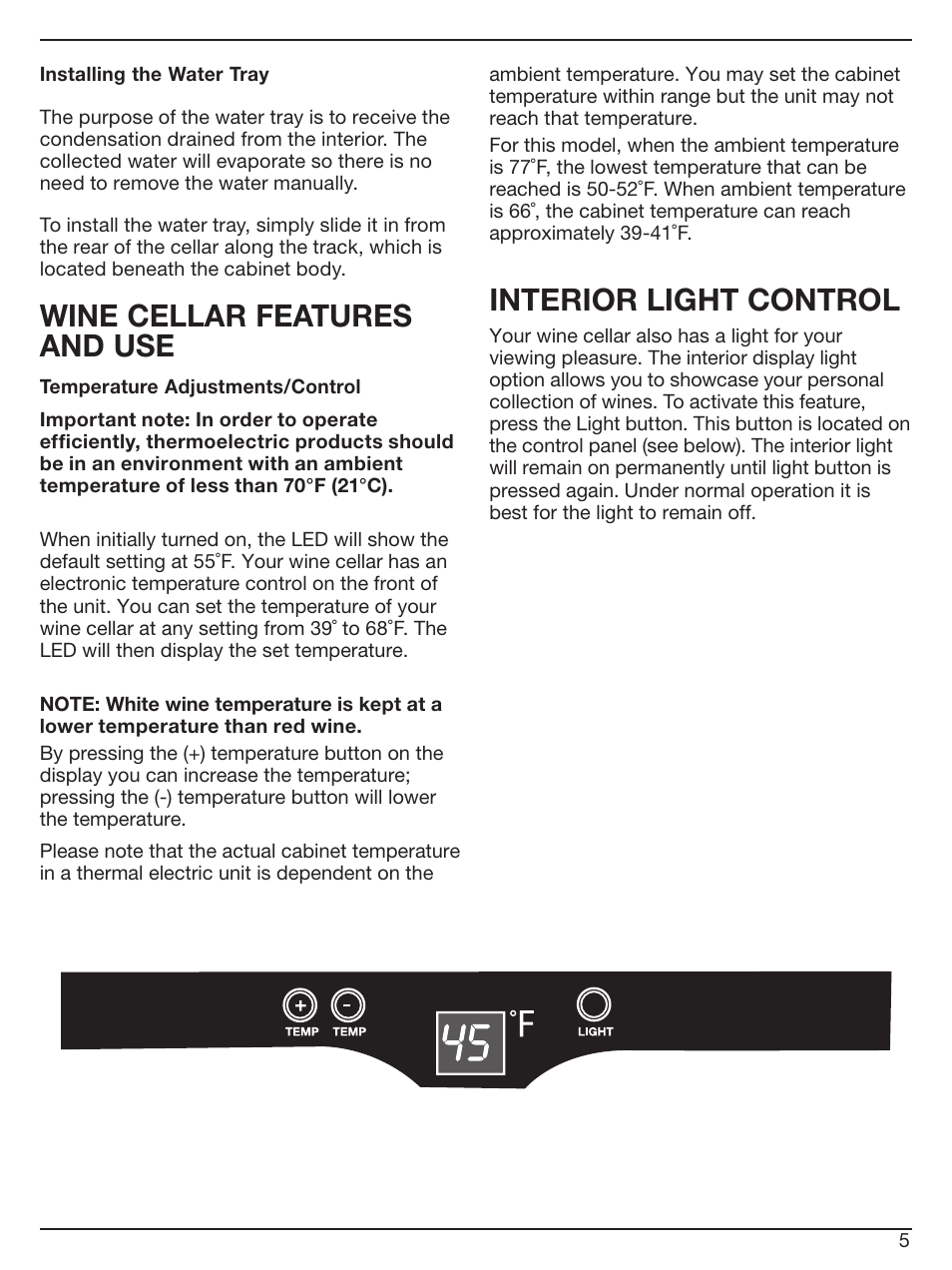 Wine cellar features and use, Interior light control | Cuisinart PRIVATE RESERVE CWC-1600 User Manual | Page 5 / 13