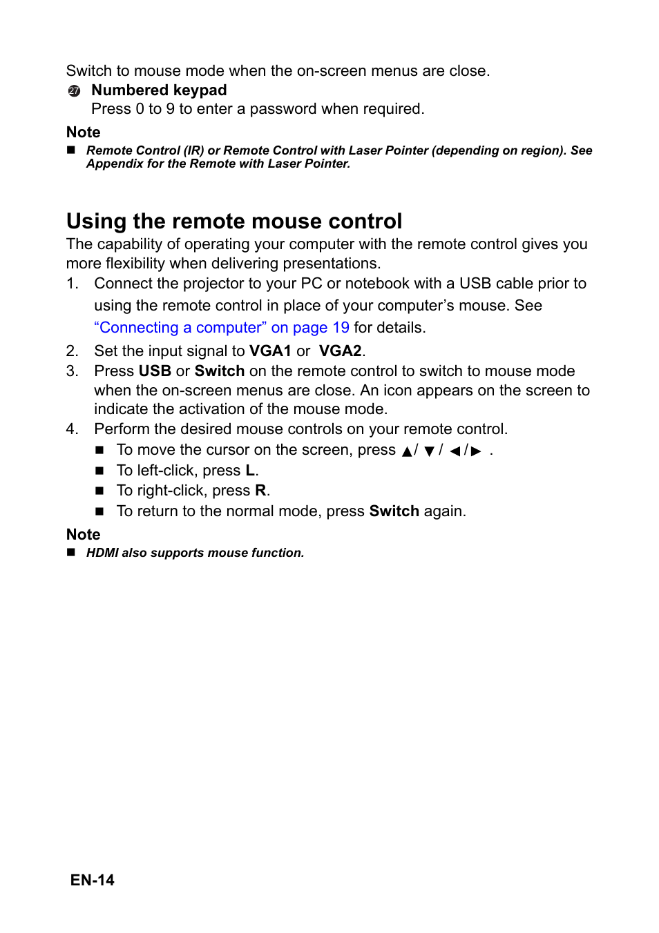 Using the remote mouse control | Optoma EH501 User Manual | Page 14 / 93
