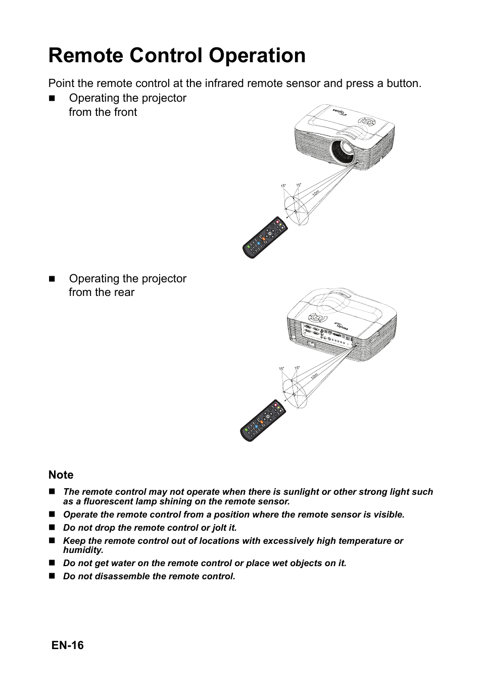 Remote control operation, En-16, Operating the projector from the front | Optoma EH501 User Manual | Page 16 / 93