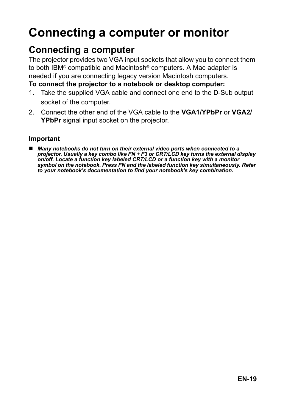 Connecting a computer or monitor, Connecting a computer | Optoma EH501 User Manual | Page 19 / 93