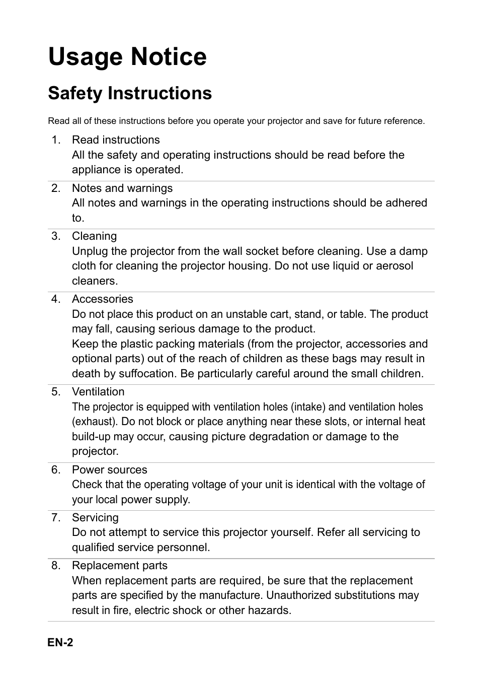 Usage notice, Safety instructions | Optoma EH501 User Manual | Page 2 / 93