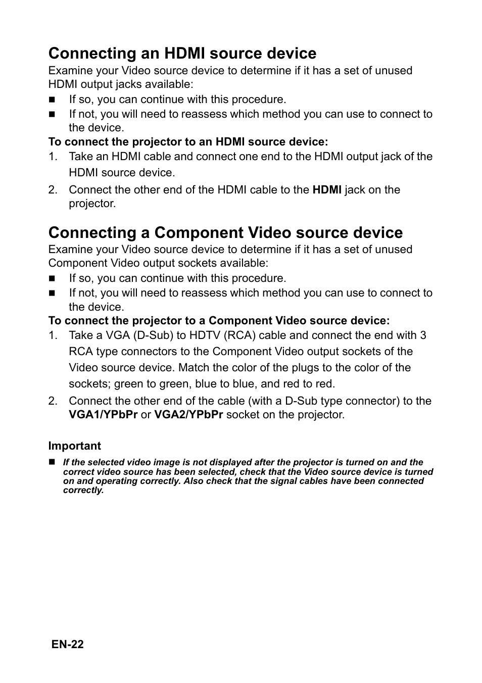 Connecting a, Component video, Source device” on | Connecting an hdmi source device, Connecting a component video source device | Optoma EH501 User Manual | Page 22 / 93