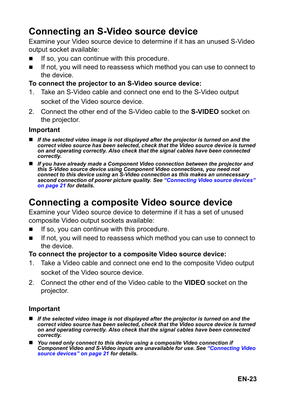 Connecting an, S-video source, Device” on | Connecting a, Composite video, Source device” on, Connecting an s-video source device, Connecting a composite video source device | Optoma EH501 User Manual | Page 23 / 93