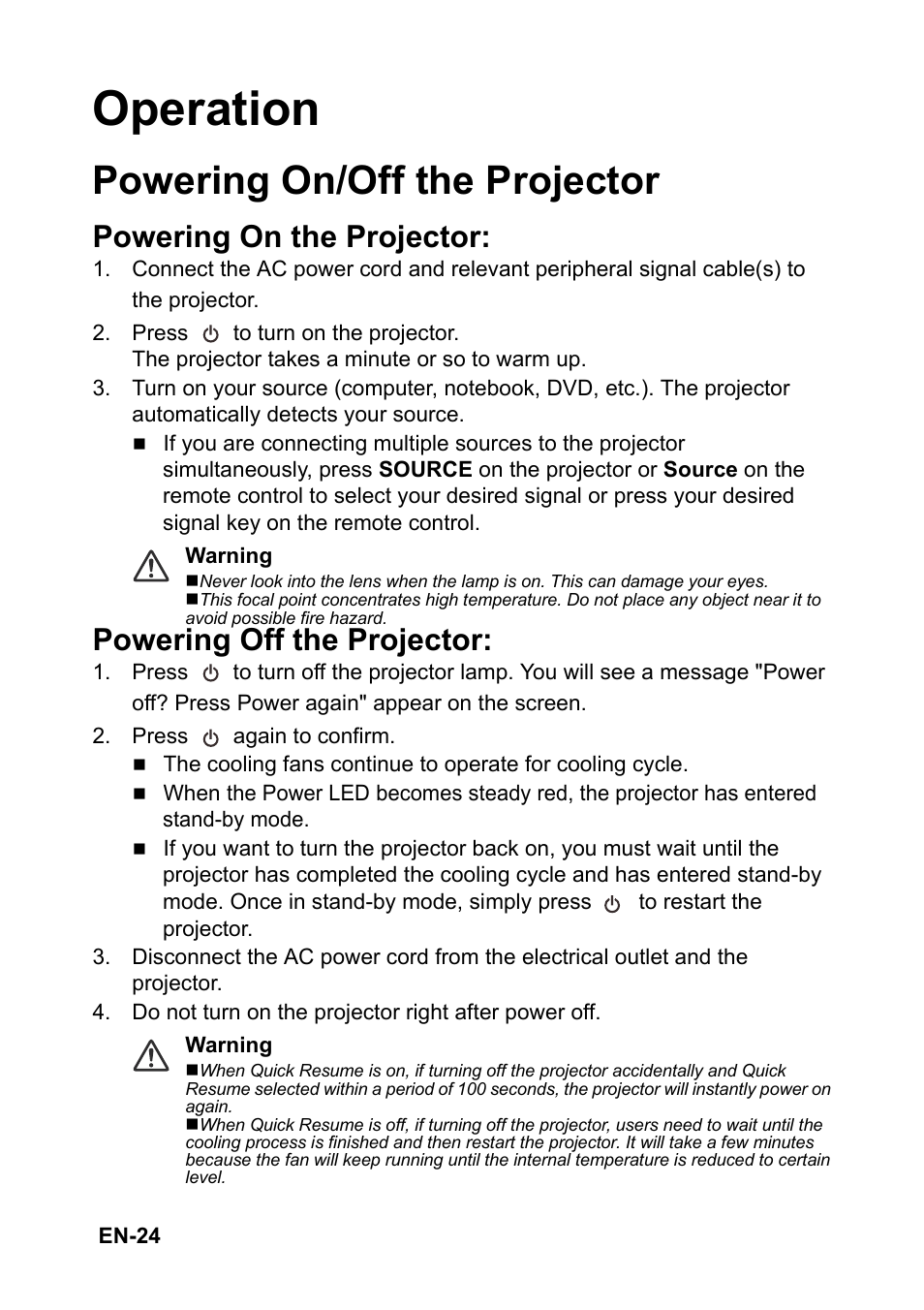 Operation, Powering on/off the projector, Powering on the projector | Powering off the projector | Optoma EH501 User Manual | Page 24 / 93