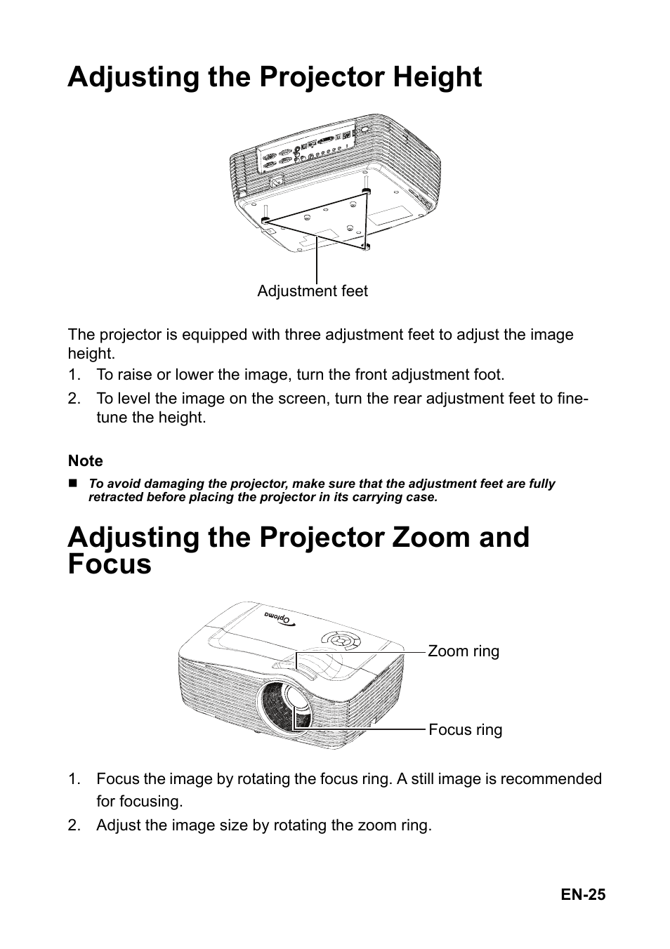 Adjusting the projector height, Adjusting the projector zoom and focus | Optoma EH501 User Manual | Page 25 / 93