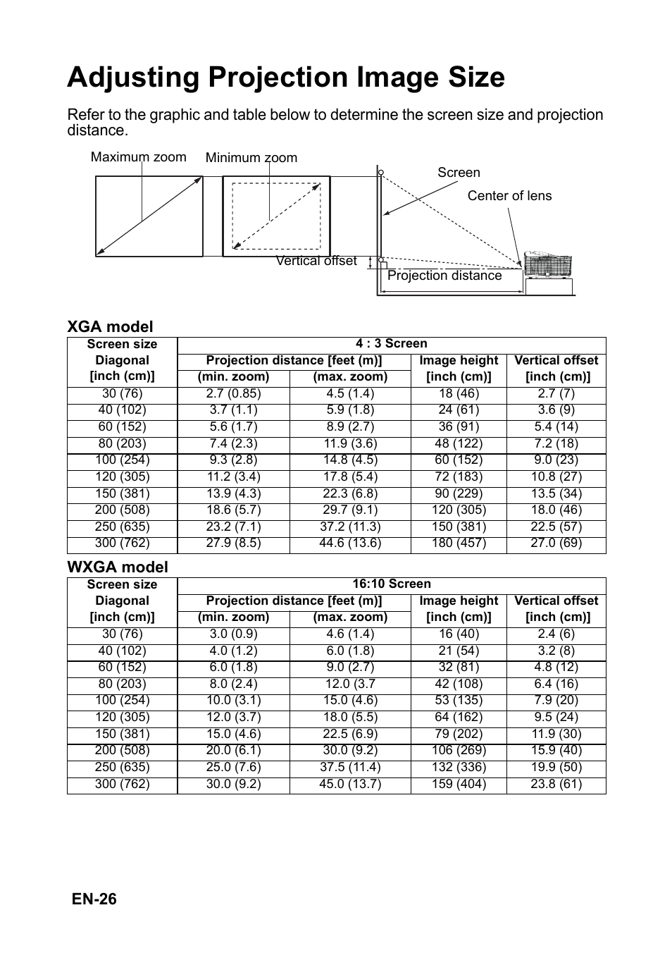 Adjusting projection image size, En-26 | Optoma EH501 User Manual | Page 26 / 93