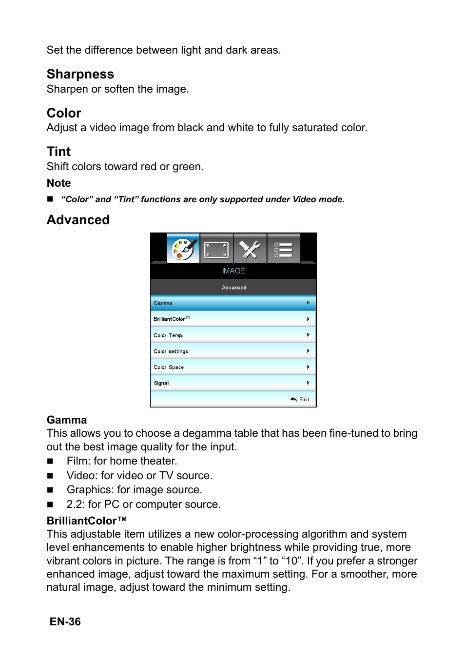 Sharpness, Color, Tint | Advanced | Optoma EH501 User Manual | Page 36 / 93