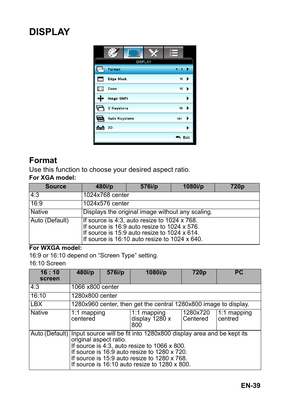 Display, Format | Optoma EH501 User Manual | Page 39 / 93