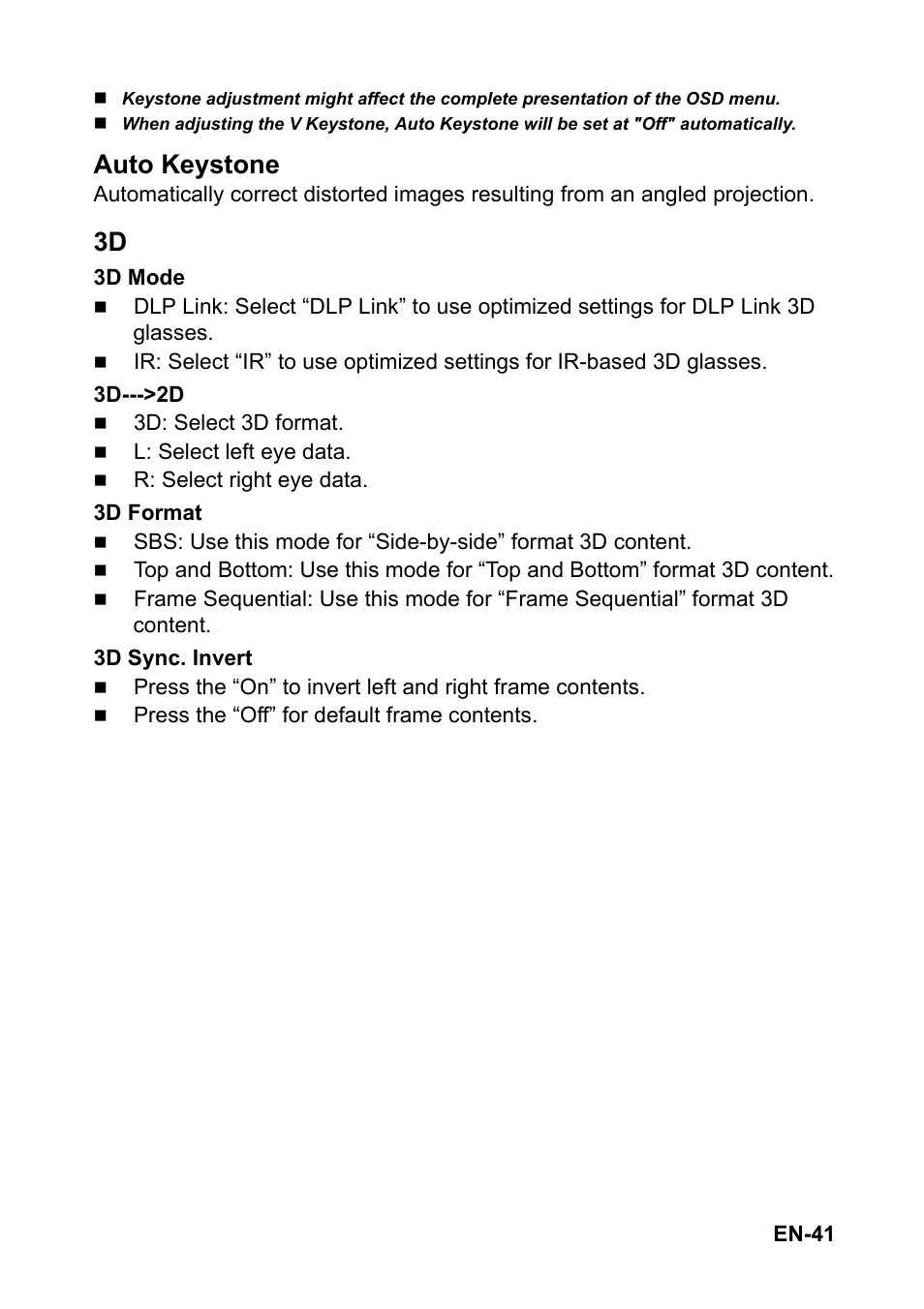 Auto keystone | Optoma EH501 User Manual | Page 41 / 93
