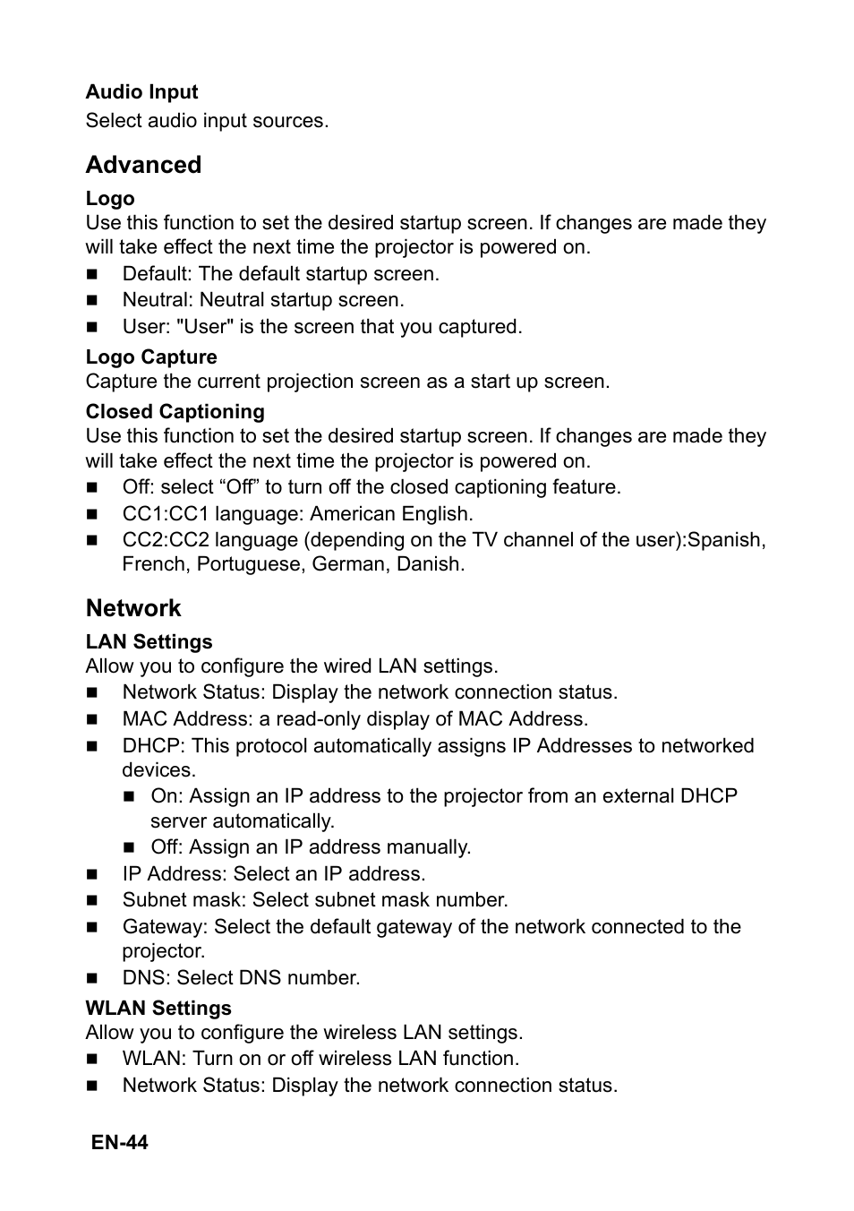 Advanced, Network | Optoma EH501 User Manual | Page 44 / 93