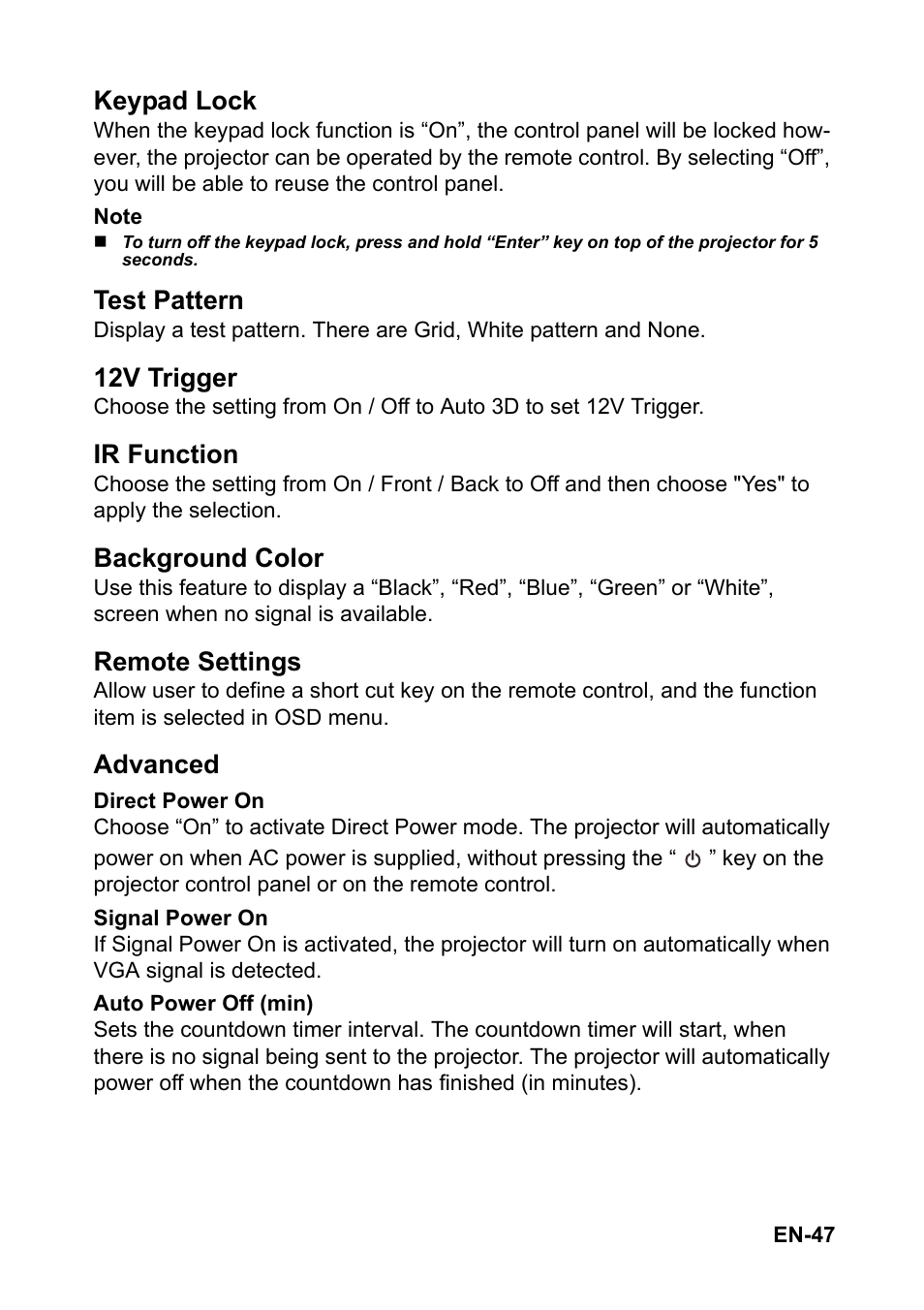 Keypad lock, Test pattern, 12v trigger | Ir function, Background color, Remote settings, Advanced | Optoma EH501 User Manual | Page 47 / 93