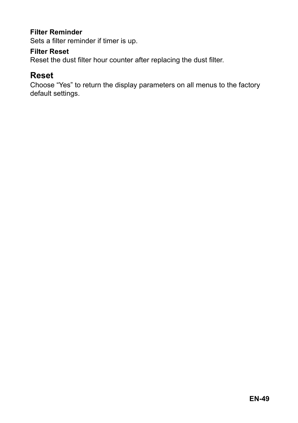 Reset | Optoma EH501 User Manual | Page 49 / 93