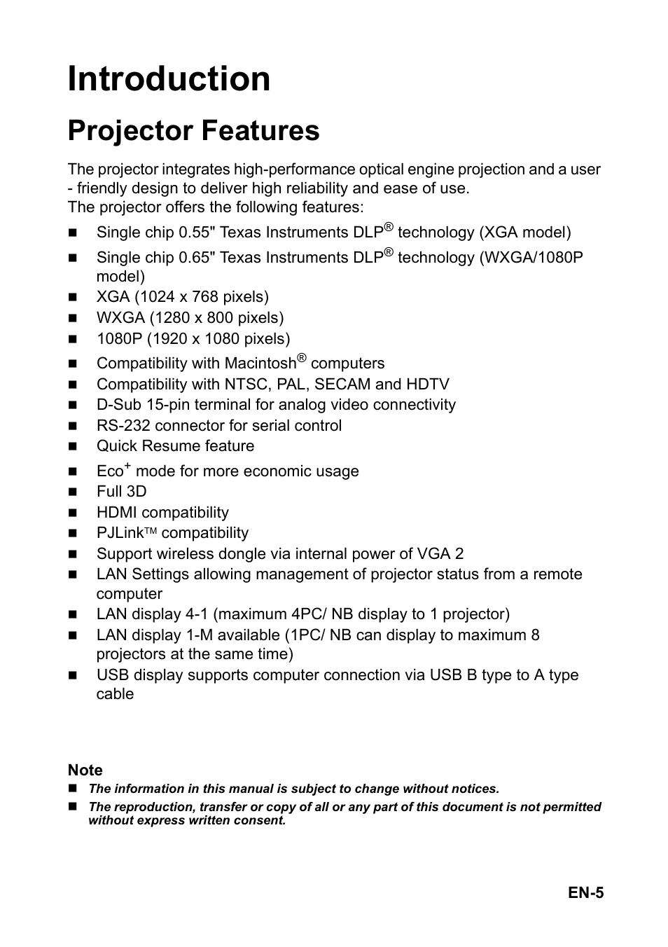 Introduction, Projector features | Optoma EH501 User Manual | Page 5 / 93