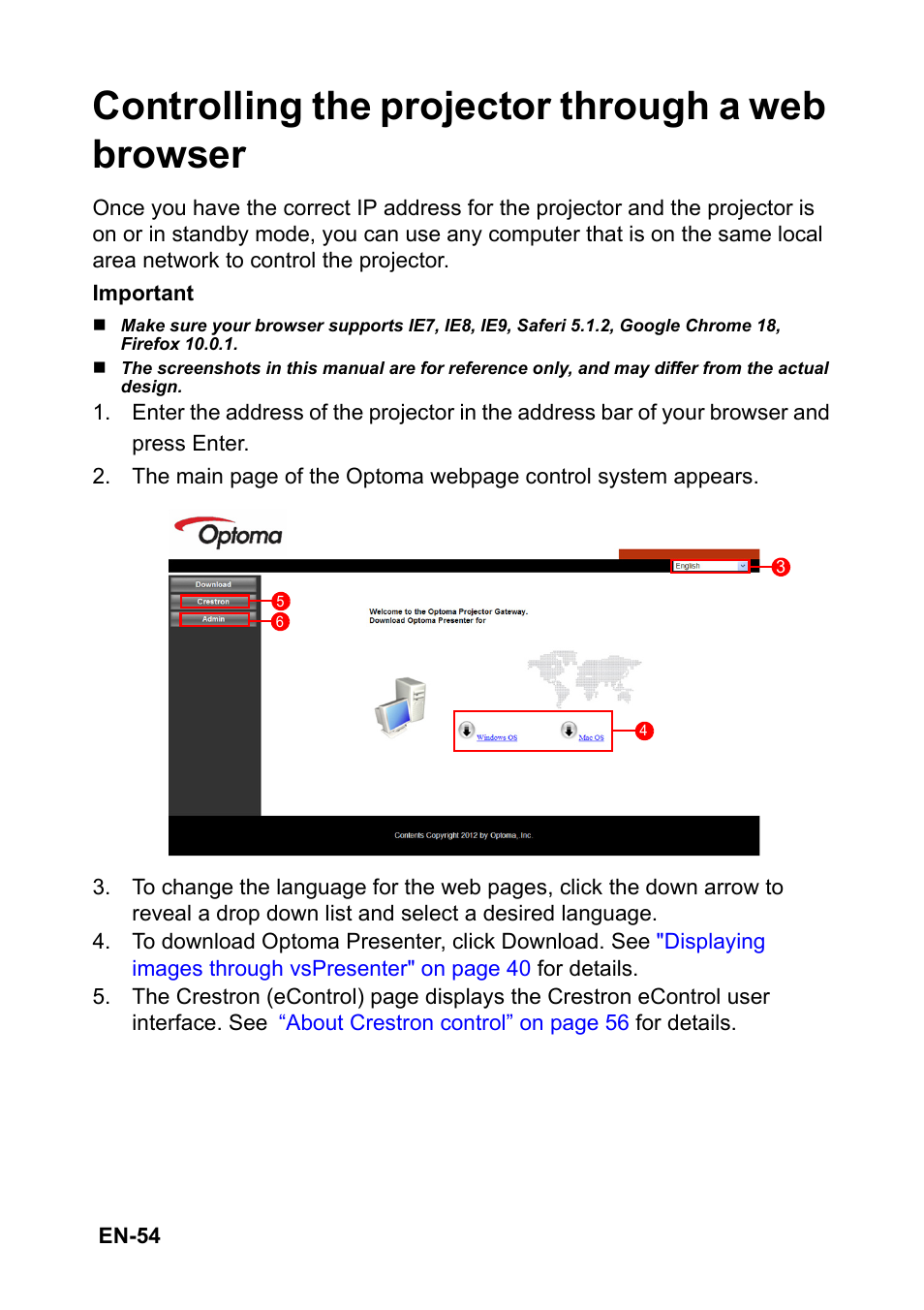 Controlling the projector through a web browser | Optoma EH501 User Manual | Page 54 / 93