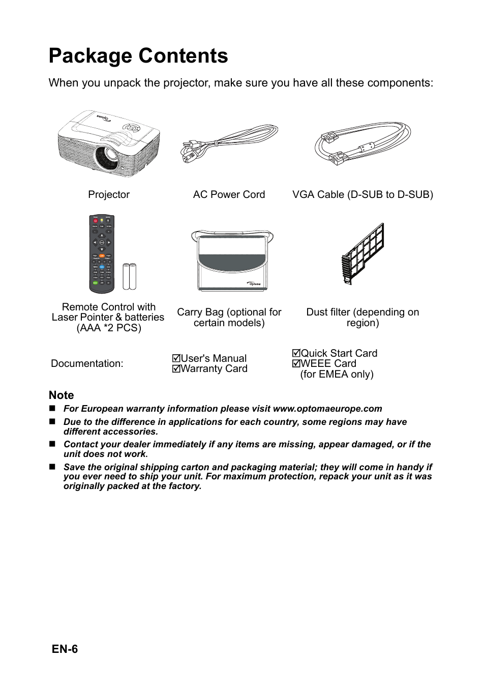 Package contents | Optoma EH501 User Manual | Page 6 / 93