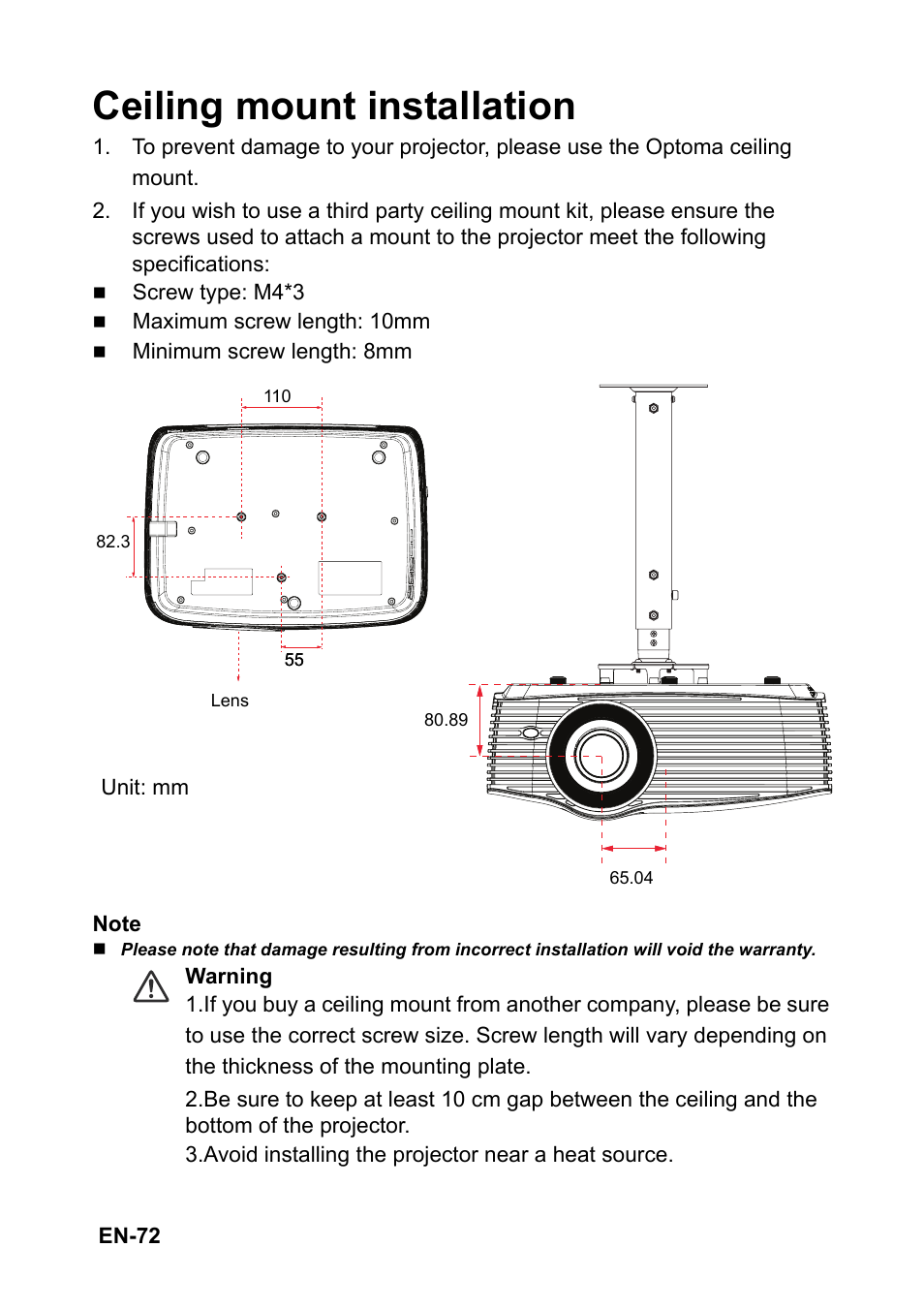 Ceiling mount installation | Optoma EH501 User Manual | Page 72 / 93