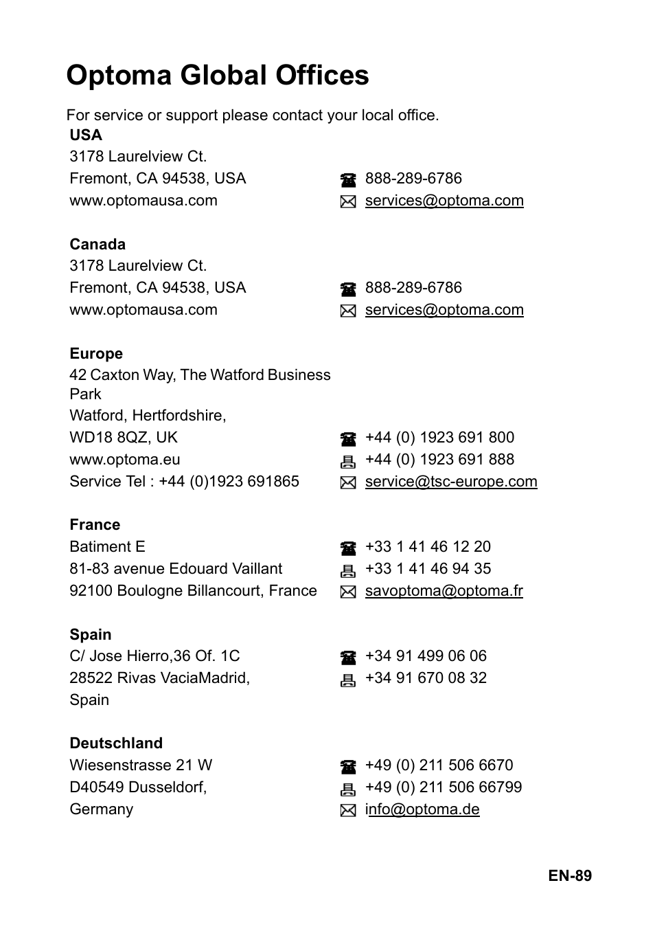 Optoma global offices | Optoma EH501 User Manual | Page 89 / 93