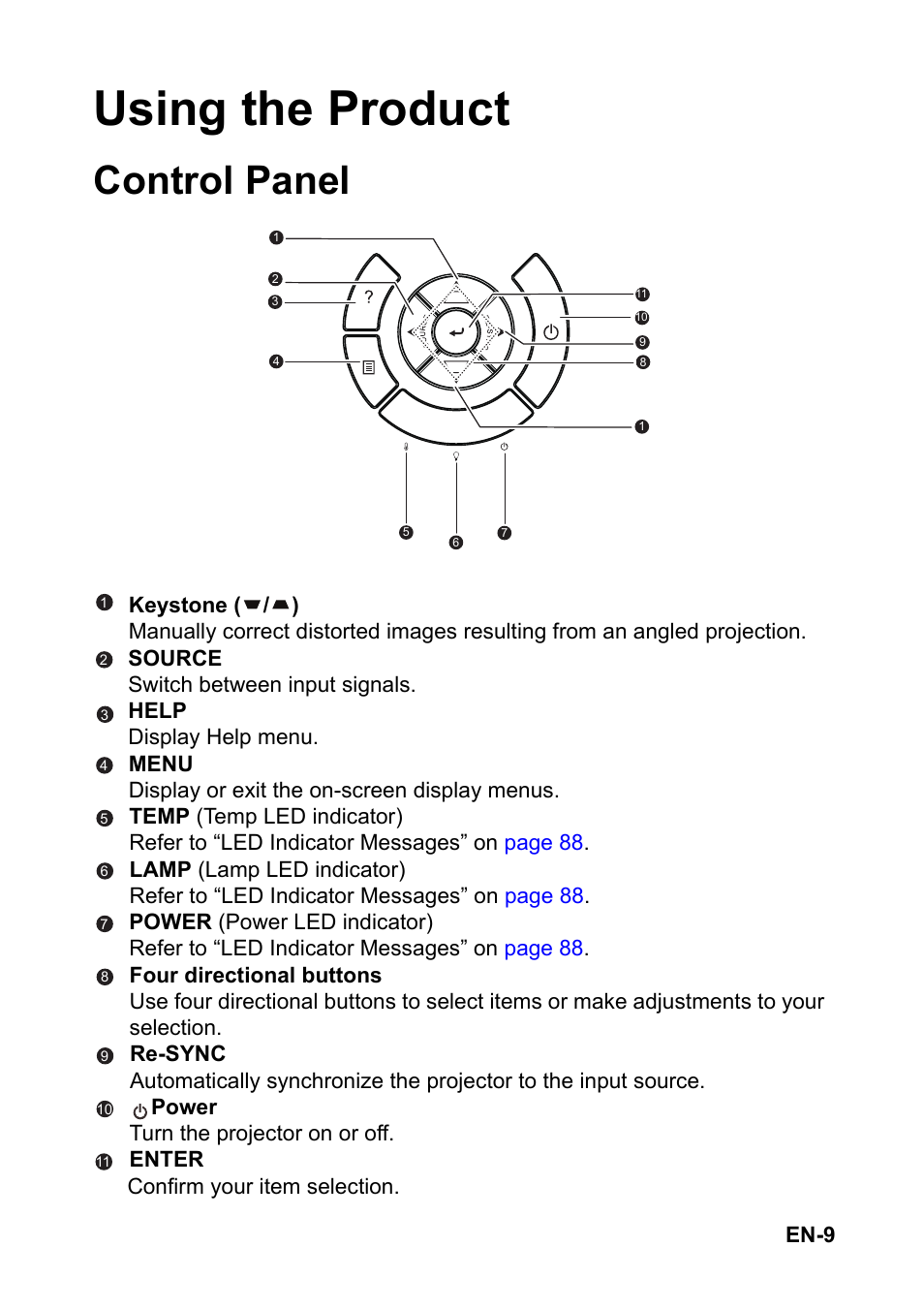 Using the product, Control panel, En-9 | Optoma EH501 User Manual | Page 9 / 93