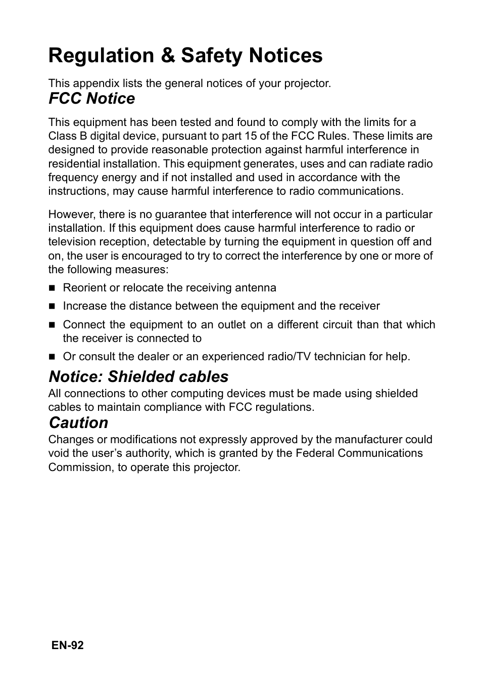 Regulation & safety notices, Fcc notice, Notice: shielded cables | Caution | Optoma EH501 User Manual | Page 92 / 93