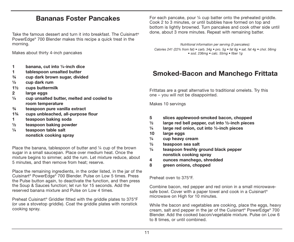 Bananas foster pancakes, Smoked-bacon and manchego frittata | Cuisinart PowerEdge CBT-700 Series User Manual | Page 11 / 25