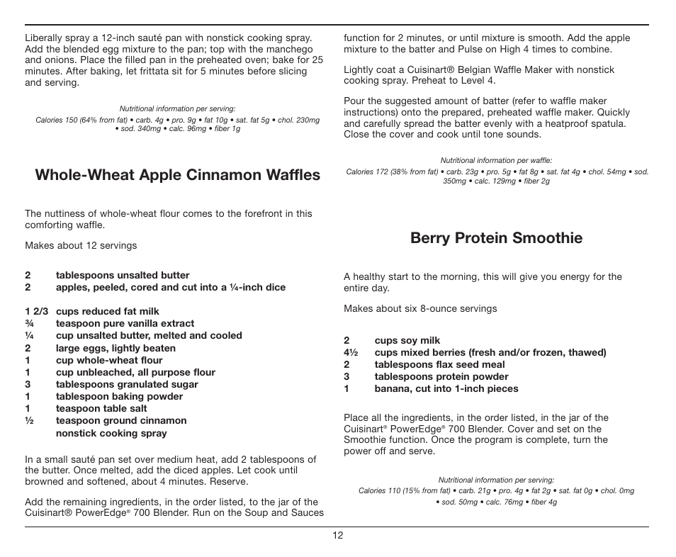 Whole-wheat apple cinnamon waffles, Berry protein smoothie | Cuisinart PowerEdge CBT-700 Series User Manual | Page 12 / 25