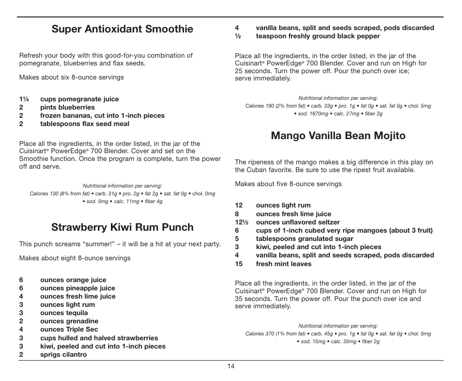 Super antioxidant smoothie, Strawberry kiwi rum punch, Mango vanilla bean mojito | Cuisinart PowerEdge CBT-700 Series User Manual | Page 14 / 25
