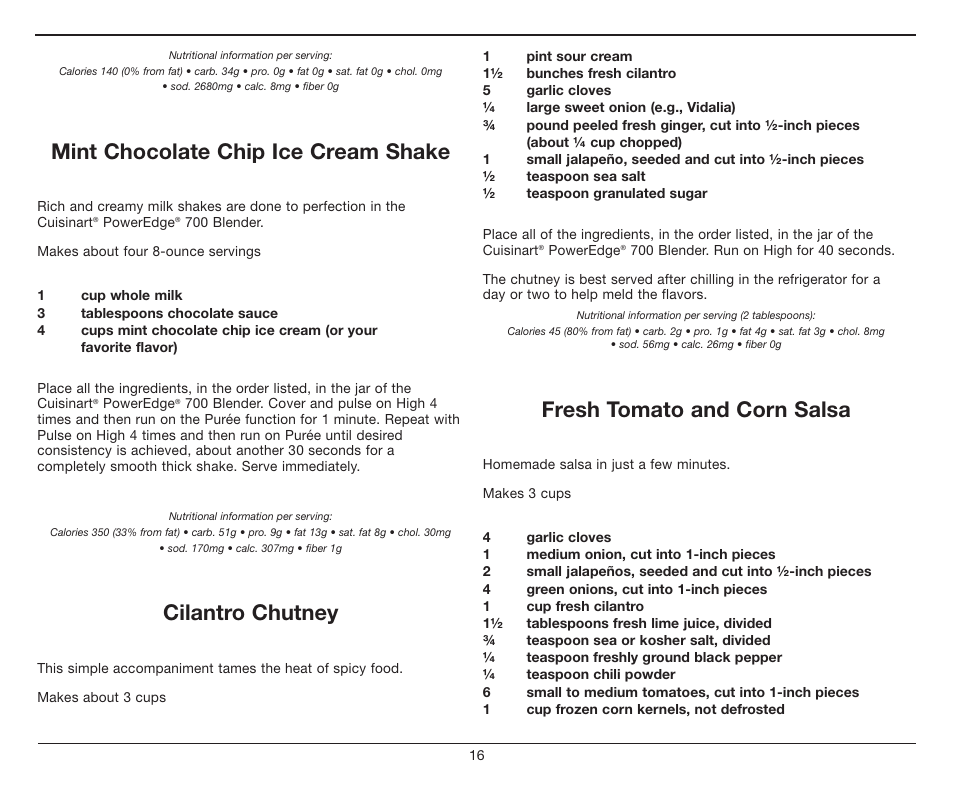 Mint chocolate chip ice cream shake, Cilantro chutney, Fresh tomato and corn salsa | Cuisinart PowerEdge CBT-700 Series User Manual | Page 16 / 25