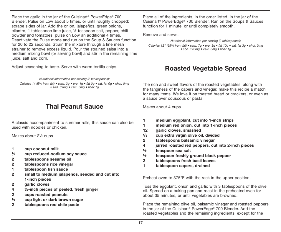 Thai peanut sauce, Roasted vegetable spread | Cuisinart PowerEdge CBT-700 Series User Manual | Page 17 / 25