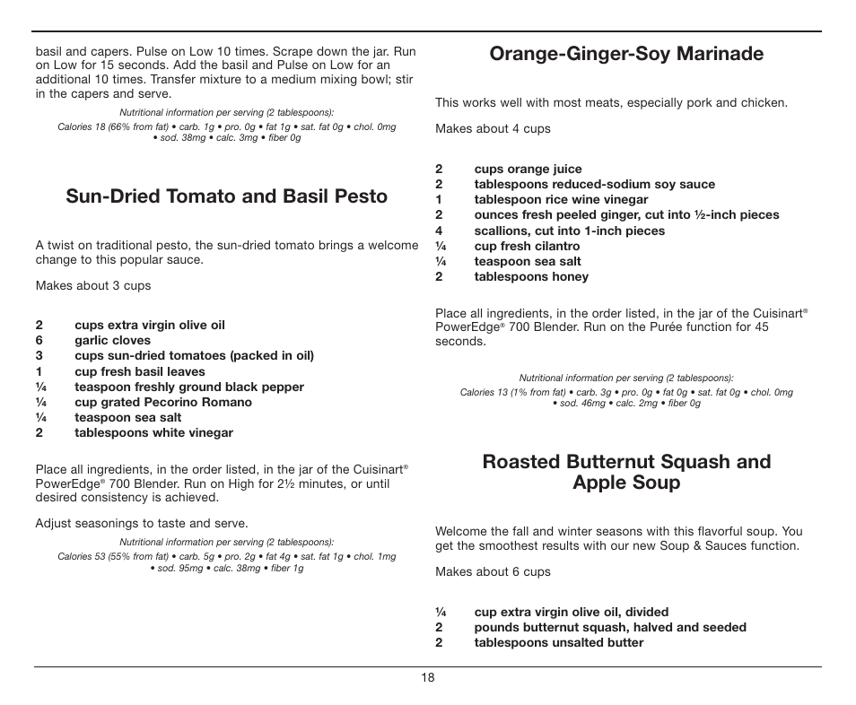 Sun-dried tomato and basil pesto, Orange-ginger-soy marinade, Roasted butternut squash and apple soup | Cuisinart PowerEdge CBT-700 Series User Manual | Page 18 / 25