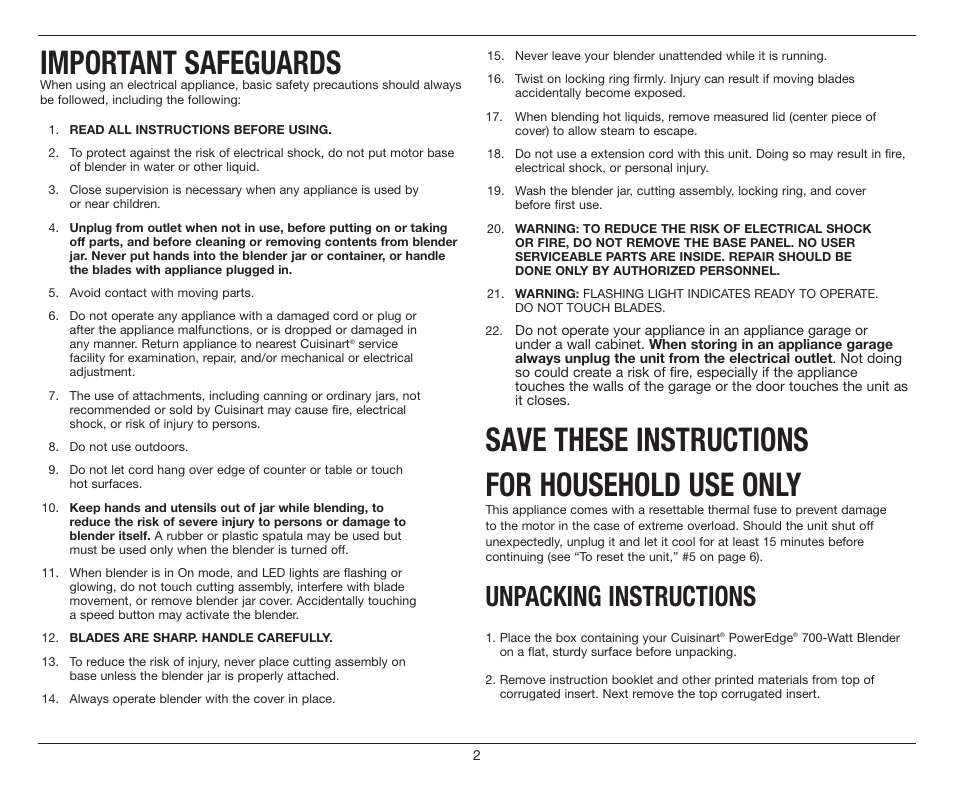 Important safeguards, Save these instructions for household use only, Unpacking instructions | Cuisinart PowerEdge CBT-700 Series User Manual | Page 2 / 25