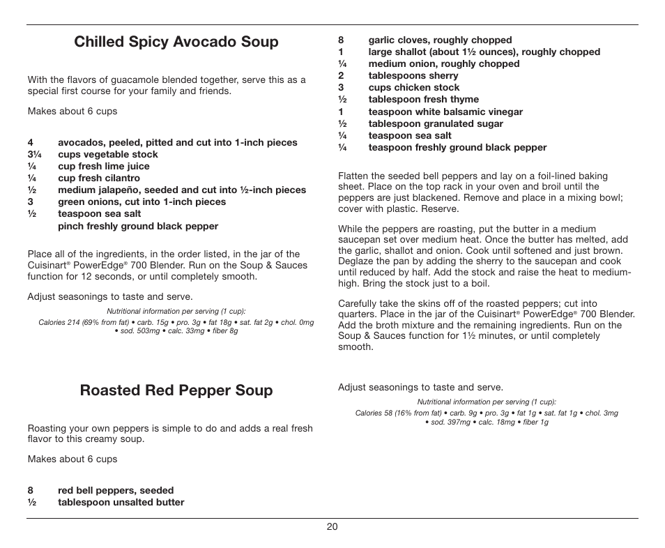 Chilled spicy avocado soup, Roasted red pepper soup | Cuisinart PowerEdge CBT-700 Series User Manual | Page 20 / 25