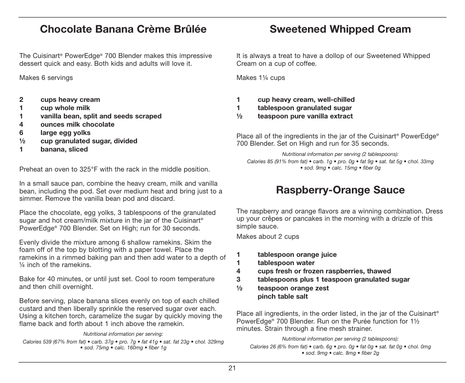 Chocolate banana crème brûlée, Sweetened whipped cream, Raspberry-orange sauce | Cuisinart PowerEdge CBT-700 Series User Manual | Page 21 / 25