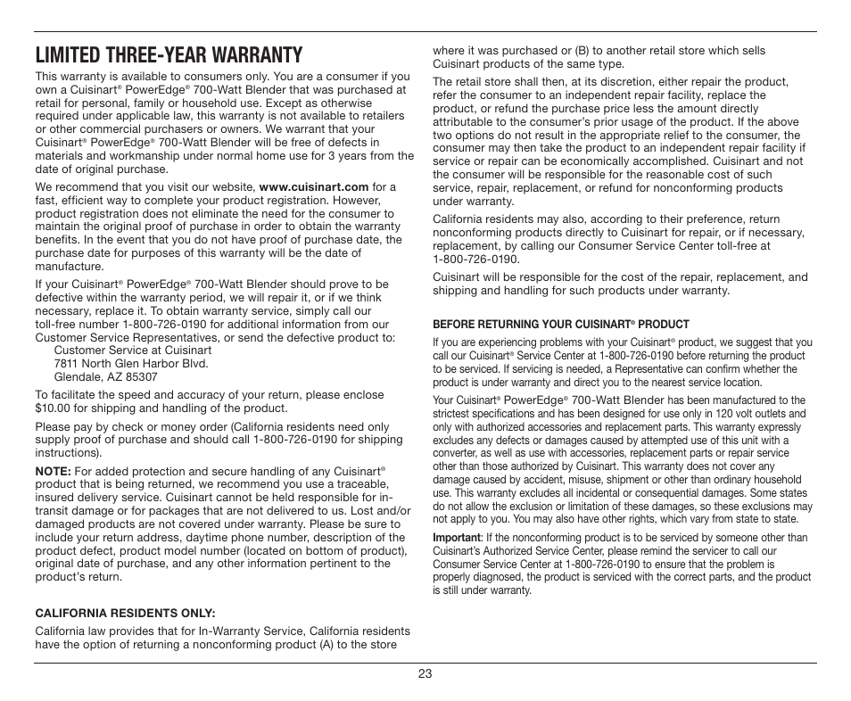 Limited three-year warranty | Cuisinart PowerEdge CBT-700 Series User Manual | Page 23 / 25
