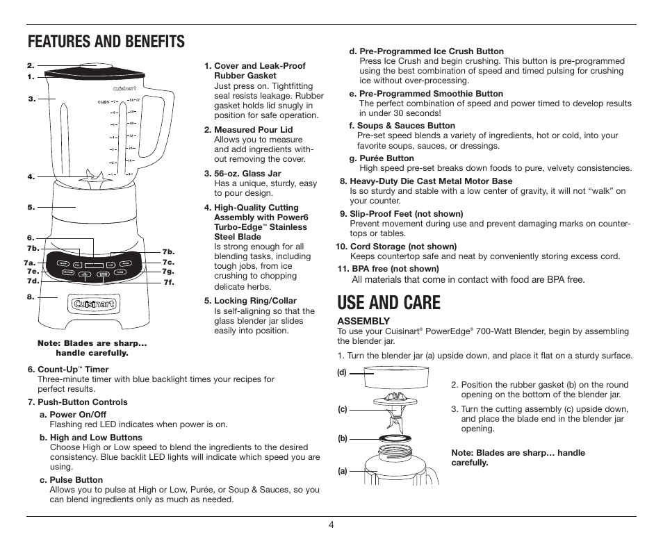 Use and care, Features and benefits | Cuisinart PowerEdge CBT-700 Series User Manual | Page 4 / 25