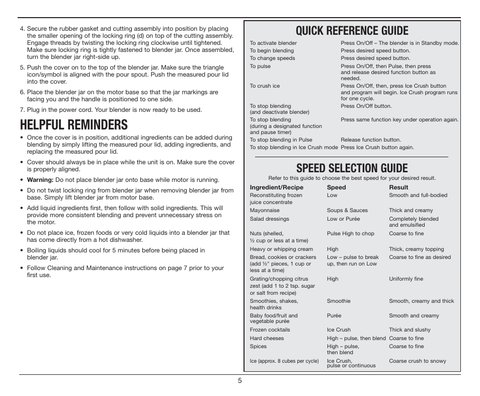 Helpful reminders, Quick reference guide, Speed selection guide | Cuisinart PowerEdge CBT-700 Series User Manual | Page 5 / 25