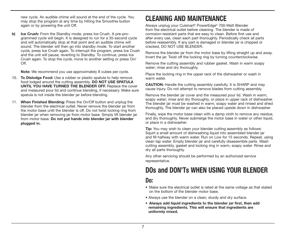 Cleaning and maintenance, Dos and don’ts when using your blender | Cuisinart PowerEdge CBT-700 Series User Manual | Page 7 / 25