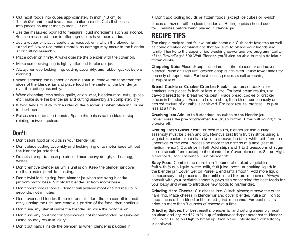 Recipe tips, Don’t | Cuisinart PowerEdge CBT-700 Series User Manual | Page 8 / 25