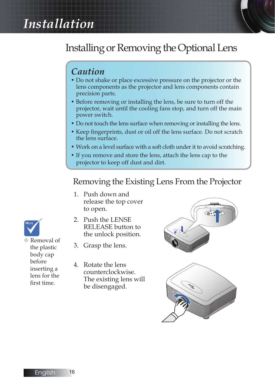 Installing or removing the optional lens, Removing the existing lens from the projector, Installation | Caution | Optoma EH503 User Manual | Page 16 / 101