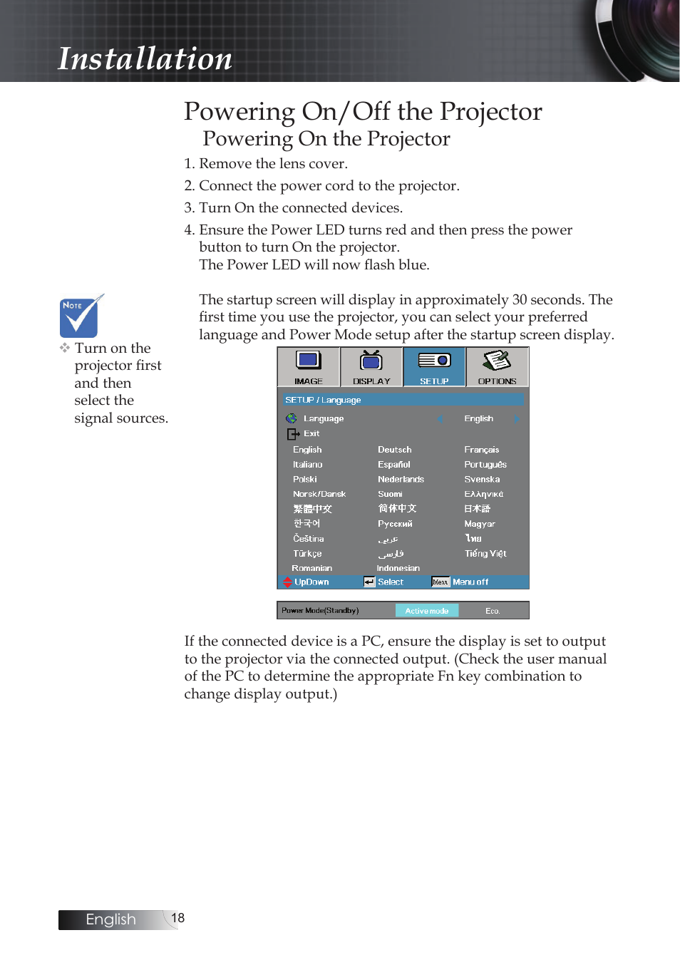 Powering on/off the projector, Powering on the projector, Installation | Optoma EH503 User Manual | Page 18 / 101