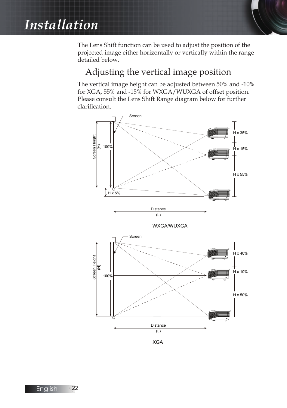 Adjusting the vertical image position, Installation, English | Optoma EH503 User Manual | Page 22 / 101